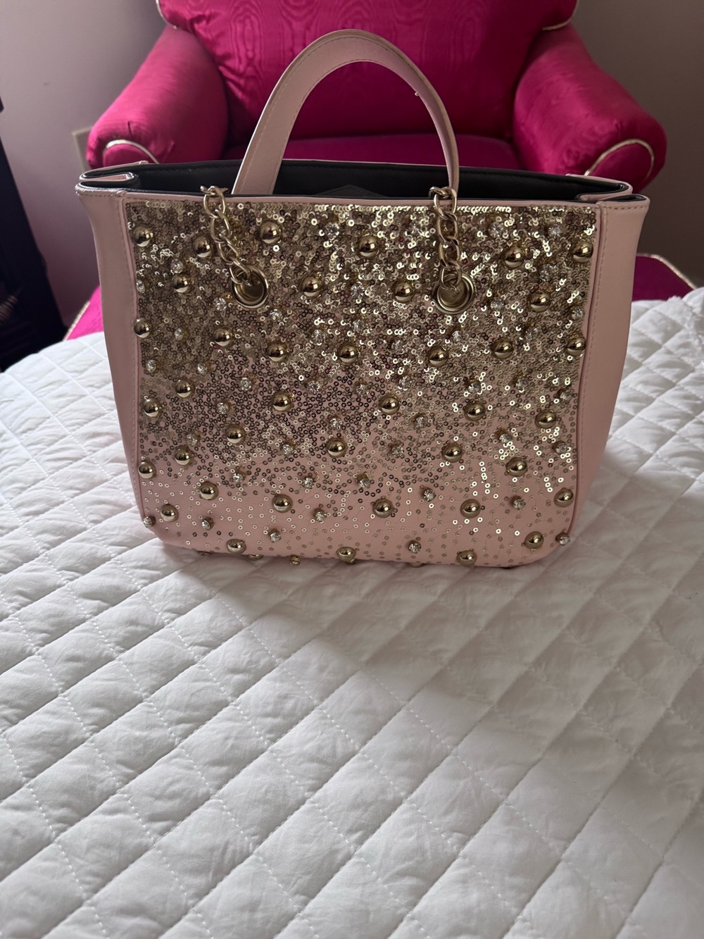 Pink and Rhinestone Purse Embellished with Gold Studs Sequins
